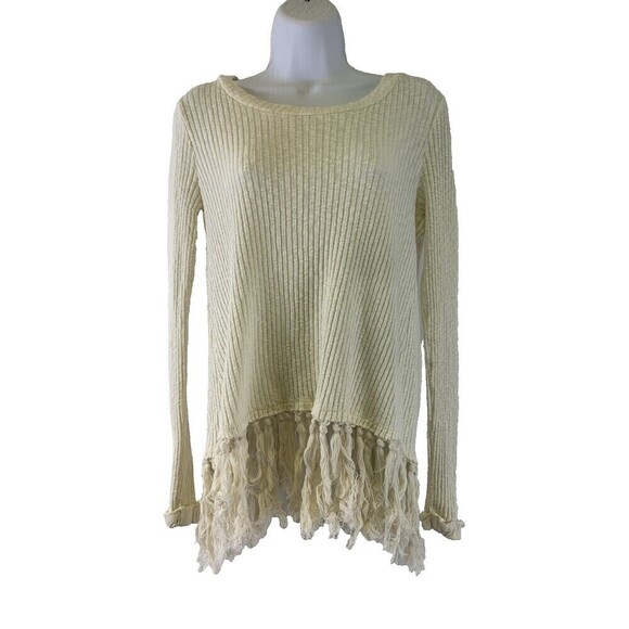 Anthropologie Sweaters - Eri And Ali Sweater Fringe Trim Open Back Cream Ribbed Knit Long Sleeves Small